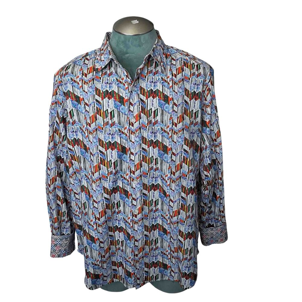 Mens Robert Graham Button Down Shirt Multicolor Abstract Chevron Cotton Size 2XL